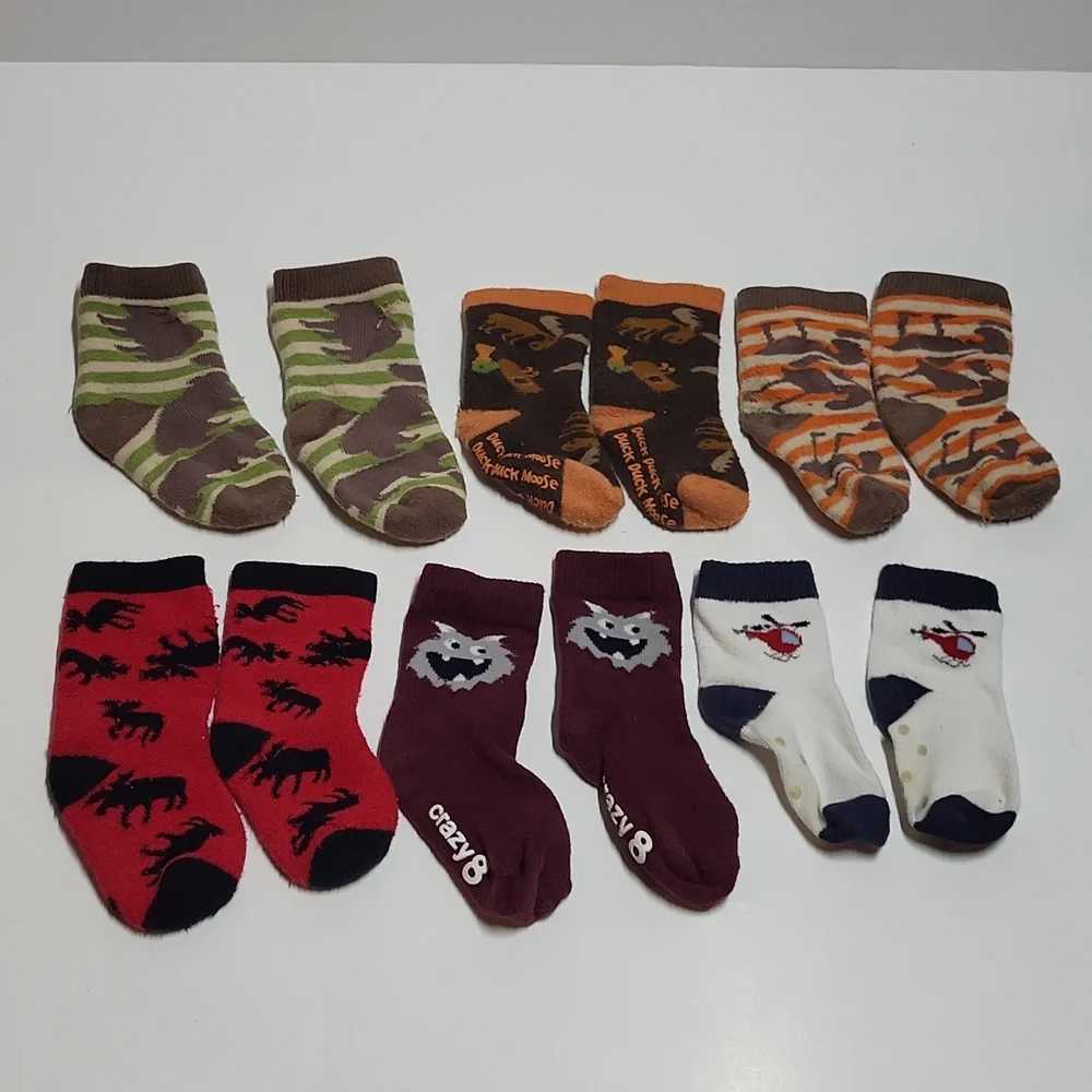 Baby Boy Toddler Sock Bundle 6 Pairs Moose Bear Helicopter Monster Brown White